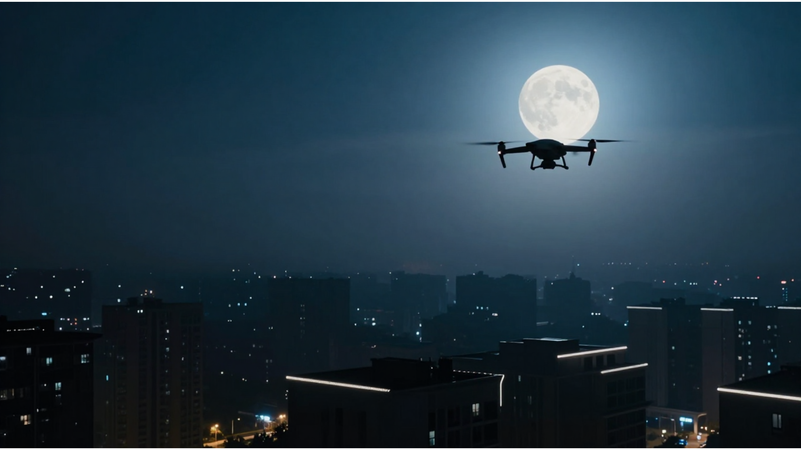 Moonlit city skyline with a drone silhouette